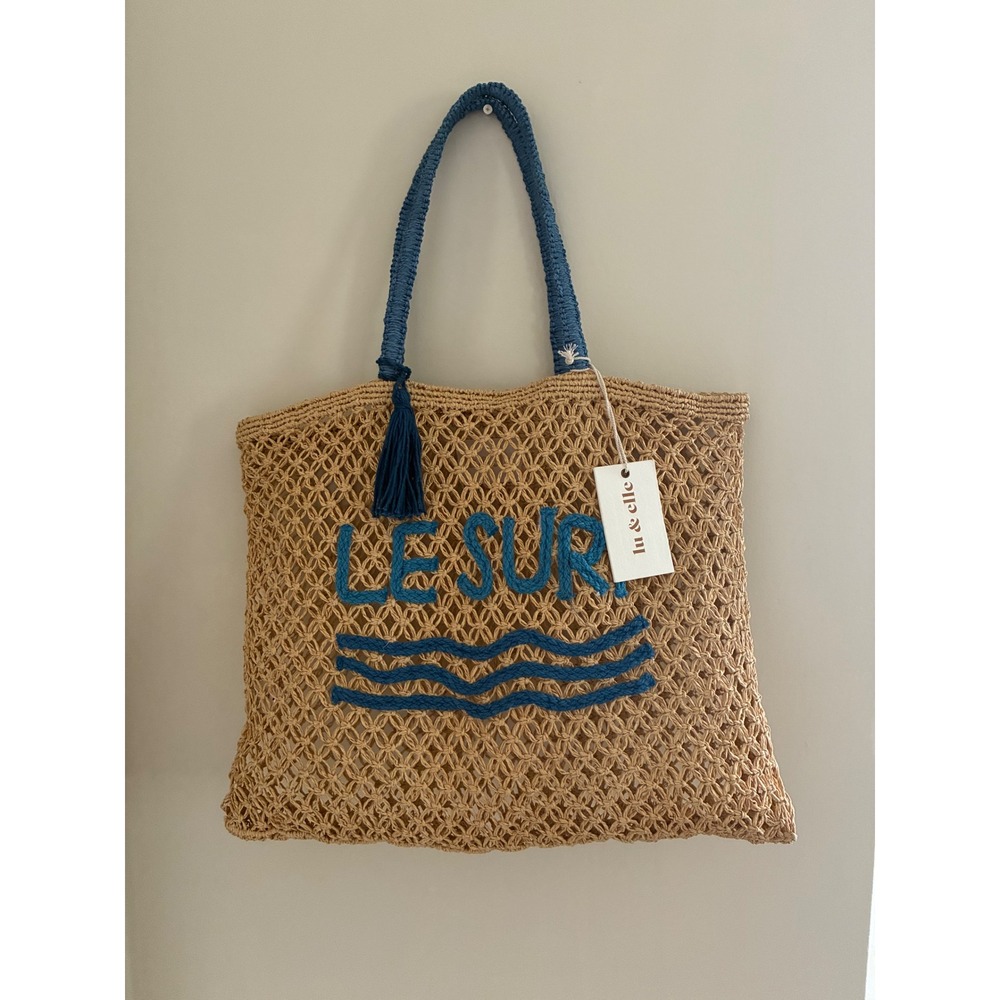 Lu & Elle Le Surf Woven Straw Tote Bag Blue Tan Beach Summer Handbag NWT
